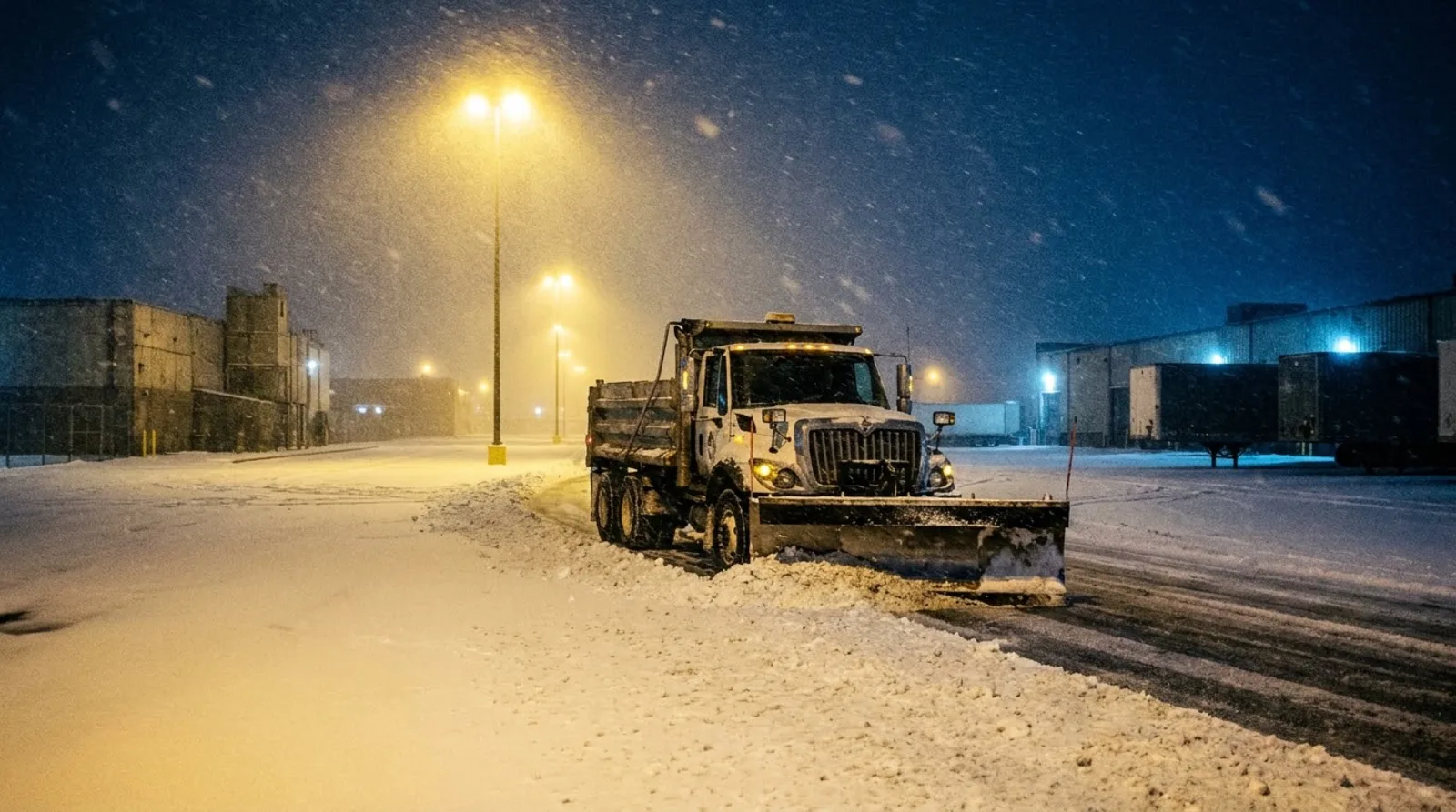 Snow plow truck clearing a commercial parking lot before dawn during heavy snowfall
