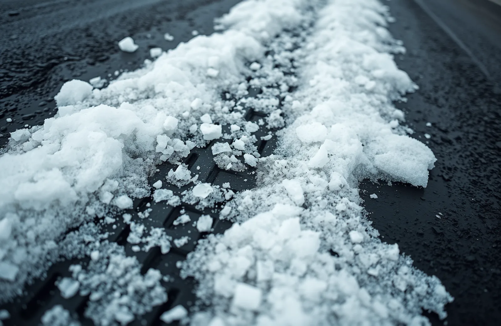 Snow plow blade, salt spreader and winter gear staged in a contractor yard